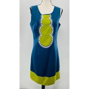 Richard Malcolm Teal/Lime Circle Beaded Design Midi Sheath Dress